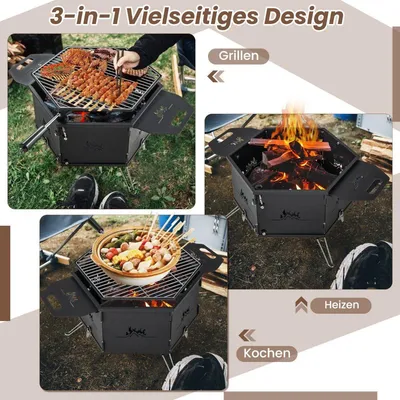 Image de grand barbecue à charbon avec grille rotative à 360° Bol à feu 2 en 1 77 x 74 x 38 cm