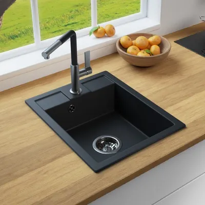 Produktbild von MIT ARMATUR - Rein Schwarz LINDBERGH® Antibakterielle Granit Spüle "MON44" + "1-Deco" Einbauspüle Küchenspüle Spülbecken