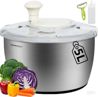 Produktbild von XXL Salatschleuder, Edelstahl, 5 Liter, mit Schäler und Spritzflasche, Spülmaschinenfest, Ideal zum Waschen und Trocknen von Salat