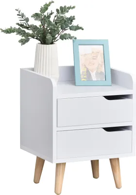 Produktbild von HOMCOM Mehrzweck-Nachttisch, Beistelltisch für Wohnzimmer oder Schlafzimmer, mit 2 geräumigen Schubladen, erhöhten Beinen aus Kiefernholz, modernes Design, 33 x 28 x 42 cm, Weiß