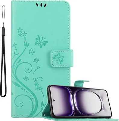 Produktbild von Cadorabo Hülle für Oppo Reno 12 Hülle in FLORAL TÜRKIS Schutzhülle im Blumen Design mit Magnetverschluss, Standfunktion und Kartenfächern Book Case Cover