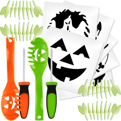 Produktbild von com-four® 48-teiliges Set zum Aushöhlen und Schnitzen von Kürbissen zu Halloween - mit Kürbislöffel, Schnitzmesser, Schnitz-Vorlagen und Kunstzähnen