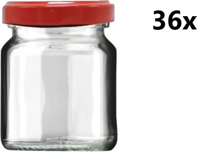 A single clear glass jar with a red lid against a white background, with the text '36x' to the right.