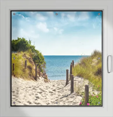 Produktbild von Wallario Lichtschutzbild, Dekorativer Sichtschutz Sonnenschutz 96 x 93 cm mit Motiv: Auf dem Sandweg zum Strand - Verdunklung ohne Bohren