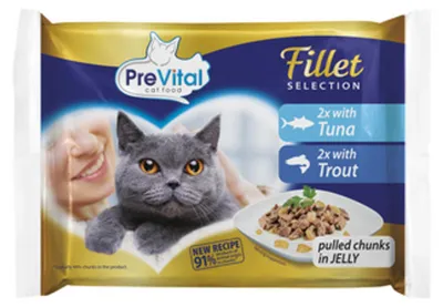 Zdjęcie produktu dla PreVital karma dla dorosłych kotów 4x85g. Z tuńczykiem w galaretce. Z pstrągiem w galaretce