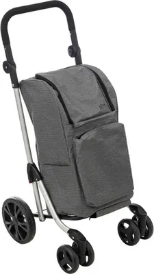 A gray shopping trolley with four wheels and a black handle, shown against a white background.