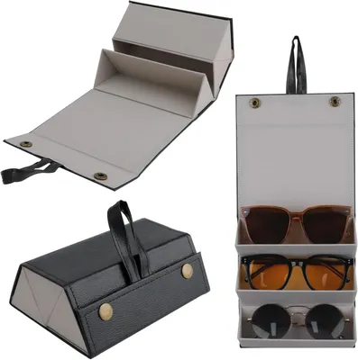 Produktbild von Sonnenbrillen Organizer, 3 Fächer, Faltbare Reisebrillenetui, Schwarze Aufbewahrungsbox mit