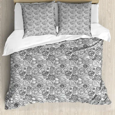 Obrázek produktu pro ABAKUHAUS Steampunk povlečení, abstraktní design v odstínech šedé, harmonický vzor, 155 x 220 cm + 80 x 80 cm, šedá a bílá