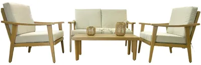 Immagine prodotto di Salotto da giardino ALBORA 4 posti in alluminio effetto legno con cuscini beige e tavolino basso