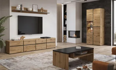 Productafbeelding van Set van 4 meubels uit de HAVANA-collectie in eiken en zwart. XL TV-meubel, vitrinekast, salontafel, boekenkast.