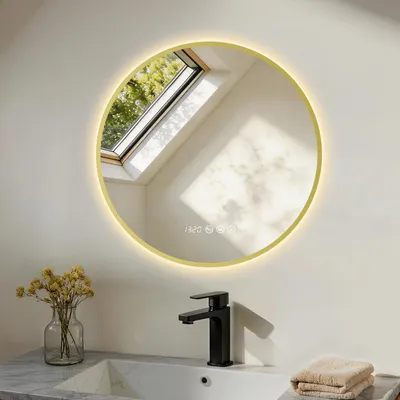 Imagen del producto de S'AFIELINA Espejo Baño LED Redondo 60 cm con Luz, Marco Dorado, Aleación de aluminio, 3 colores de luz, regulable, antivaho, reloj y temperatura