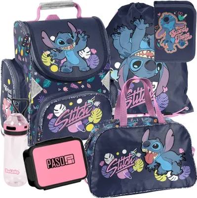 Produktbild von Schulrucksack Mädchen Jungen Motiv STITCH 6 T Set Rucksack, Federmäppchen, Tasche, Trinkflasche, Frühstückstasche, Schulranzen Mega-Set Paso