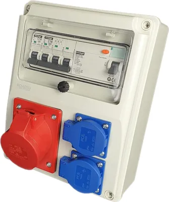 Produktbild von RoadEu Stromverteiler 16A 5P, 2x 230V Schuko, Fehlerstromschutzschalter 25A, A/AC, LS C16A, Baustromverteiler IP44