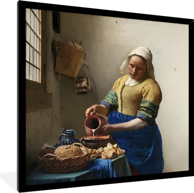 Produktbild von MuchoWow® Gerahmtes Poster Das Milchmädchen - Kunst - Alte Meister - Vermeer 40x40 cm - Poster mit Schwarzem Bilderrahmen Wandposter Rahmen Foto Bilder - Mit Rahmen - Wanddekoration Schlafzimmer