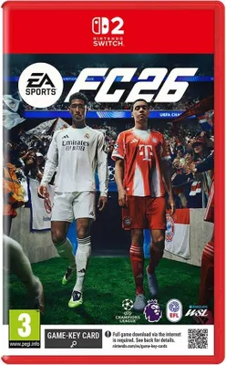 The cover of a Nintendo Switch game case for EA Sports FC26, featuring two football players on a pitch with a crowd in the background.