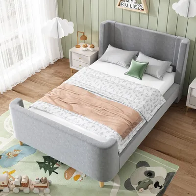 Image de MODFU Lit Enfant 90x200 cm - Lit Rembourré en Velours avec Design Traîneau - Cadre Métal et Bois Massif - Sans Matelas - Gris