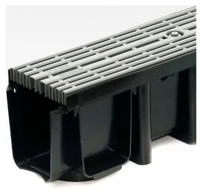 Produktbild von 5m Entwässerungsrinne Terrassenrinne, System A15 148mm Stegrost Kunststoff, grau-line, komplettes Set