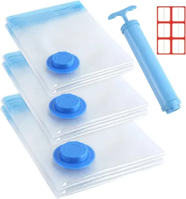 Productafbeelding van Vacuumzakken voor kleding en dekbedden - Set van 6 - 3 maten - Handpomp - Labelstickers - Herbruikbare zakken - Reis