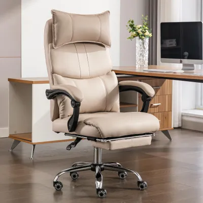 Produktbild von okwish Höhenverstellbarer Arbeitsstuhl Chefsessel Drehstuhl mit Lendenwirbelstütze,Computerstuhl Bürodrehstuhl mit Neigungswinkel und Gliederarmlehnen,Beige