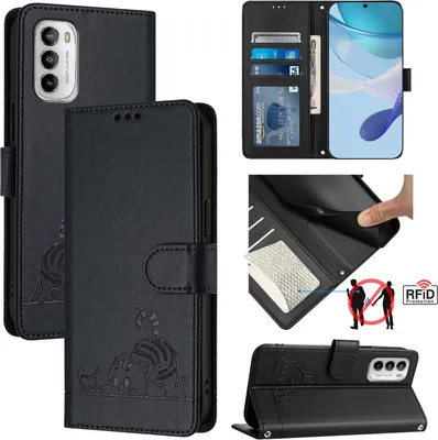 Produktbild von Leder Hülle für Motorola Moto G (2022) Süße Katze Flip Case Brieftasche Schutzhülle mit Standfunktion Schwarz