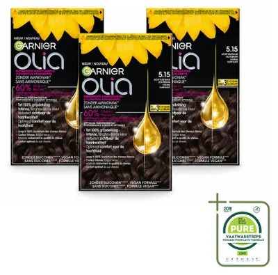 Imagen del producto de 3 tintes para el cabello Garnier Olia 5.15, color castaño claro, sin amoníaco, pack grande, 3 unidades