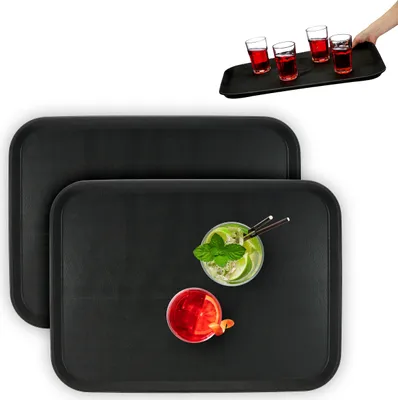 Image de Lot de 2 plateaux de service Relaxdays, surface antidérapante, plateau de serveur carré, restauration, L x P : 56 x 41 cm, noir