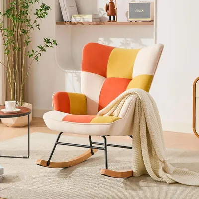 Produktbild von Samt-Schaukelstuhl für Kinderzimmer mit Metallrahmen und Holzsockel, gepolstert für Wohnzimmer, Schlafzimmer, Patchwork Orange-Gelb