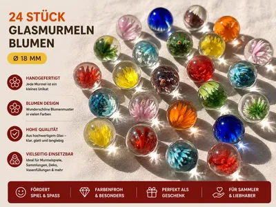 Produktbild von 24 Stück handgefertigte Glasmurmeln Blumen Ø 18 mm – Bunte Blumenmurmeln aus Glas – Murmel Set zum Sammeln, Spielen & Dekorieren, KI-generiertes Bild