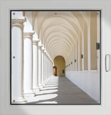 Produktbild von Wallario Lichtschutzbild, Dekorativer Sichtschutz Sonnenschutz 96 x 93 cm mit Motiv: Gewölbegang - Verdunklung ohne Bohren