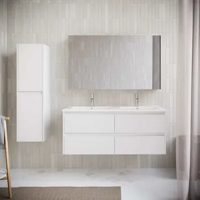 A modern bathroom vanity with a double sink and a tall cabinet.