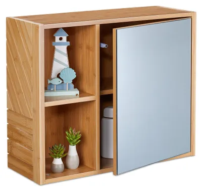 Produktbild von Relaxdays Spiegelschrank, 2 offene Fächer, mit Spiegeltür, H x B x T: 45 x 54,5 x 20 cm, Badezimmer Hängeschrank, natur