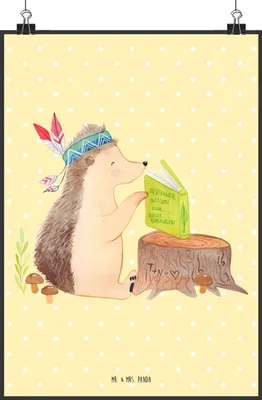 Produktbild von Mr. & Mrs. Panda Bild Igel Federschmuck DIN A4 - Gelb Pastell - Geschenk, wanddeko, Tiere, Camping, drucke, Indianer, Abenteuer, wandkunst, Lagerfeuer, Kunstdruck