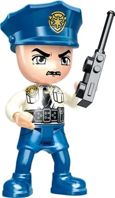 A toy police officer figure holding a walkie-talkie.
