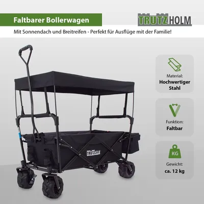Produktbild von Bollerwagen faltbar mit Sonnendach Breitreifen Schwarz, innen grau Falt-Bollerwagen