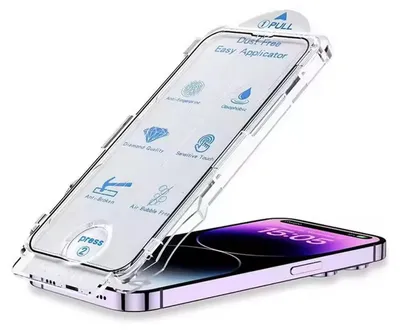 A clear screen protector kit for an iPhone, shown with its applicator frame and a portion of the phone.