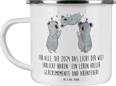 Produktbild von Mr. & Mrs. Panda Teetasse 2024 Geburtstag Glücksmomente - Weiß - Geschenk, Kaffeepott, besonderes, Emaille Tasse, Motivtasse, Alter, Leben feiern, Teebecher, Freude, Pott
