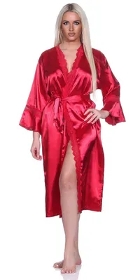 Obrázek produktu pro Dámský župan Kimono Noční saténový župan s krajkou; Vínově červená/S/36