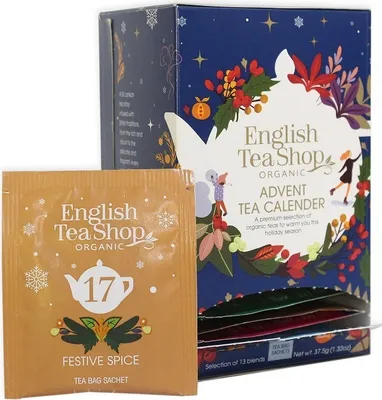 Zdjęcie produktu dla KALENDARZ ADWENTOWY NIEBIESKI (HERBATY I HERBATKI)(13 SMAKÓW) (25 x 1,5 g) 37,5 g - ENGLISH TEA SHOP ORGANIC