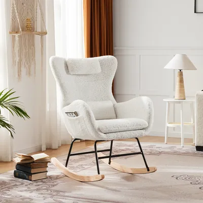 Produktbild von STILVORA Schaukelstuhl Relaxsessel Polsterstuhl mit Kopfstütze, Lendenkisse und Seitentaschen, mit hoher Rückenlehne, Fleece-Stoff, Beige