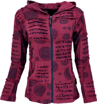 Produktbild von Goa Patchwork Jacke, Boho Kapuzenjacke - Bordeaux, Damen, Rot, Baumwolle, Größe: L