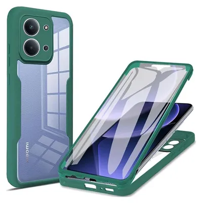 A green and transparent phone case shown from two angles, one fully assembled and one disassembled to show how it fits a phone.