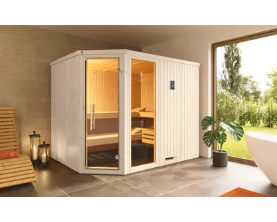 Produktbild von Elementsauna Weka Varberg 4 inkl. 7,5 kW  Ofen u.digitaler Steuerung mit Fenster und graphitfarbeneer Ganzglastüre
