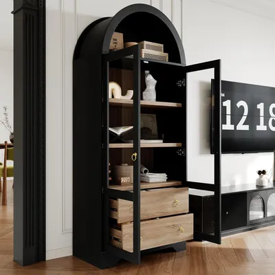 Immagine prodotto di Mobiletto contenitore MODFU con design curvo, pensile da cucina con ante in vetro, vetrina buffet con 2 cassetti e spazio contenitivo, colore nero, dimensioni 76x40x180 cm