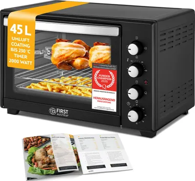Produktbild von TZS First Austria Minibackofen 45L, Umluft, Premium-X Coating (Antihaftbeschichtung), Auftauen&Warmhalten, Rezeptheft, Backofen, Pizzaofen, Grill