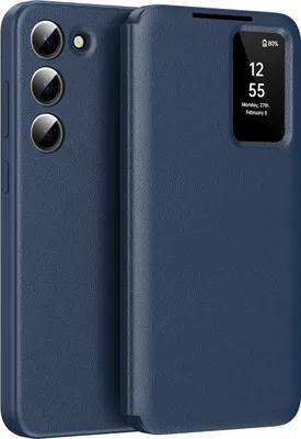 A blue leather flip case for a Samsung Galaxy S23 phone is shown with the flip cover partially open, revealing the phone's camera array and a small display window on the cover showing time and date.