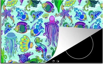 Produktbild von KitchenYeah© Herdabdeckplatte Tiere - Regenbogen - Fische - Muster , 83x51cm, Küche Deko, Glaskeramikkochfeld Herdabdeckung, Abdeckplatte fùr Kochfeld