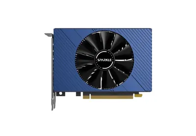 A blue graphics card with a black fan is shown against a white background.