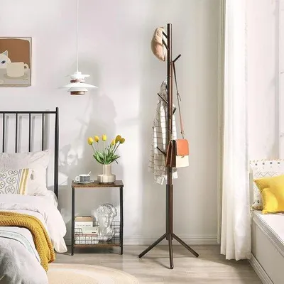 Produktbild von Famanu Kleiderständer Holz mit 8 Haken - Höhenverstellbarer Flurbaum für Eingangsbereich, Wohnzimmer, Schlafzimmer