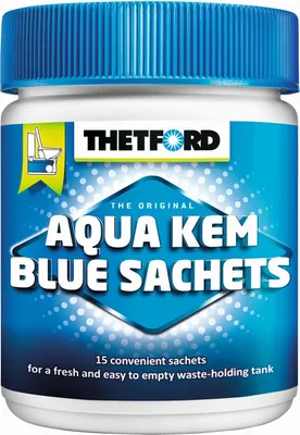 Produktbild von Thetford Aqua Kem Blue Sachets, 15 Beutel, hochkonzentrierter Toilettenzusatz, Blau. Reduziert Gasentwicklung. Für Mobil- & Kassettentoiletten. 10x10x14 cm, 0,375 kg. Reicht für bis zu 75 Tage (je 5 Tage/Dosis).