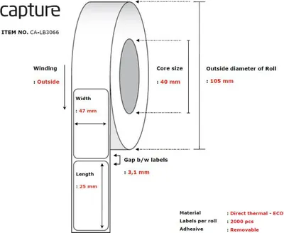 Produktbild von Capture CA-LB3066, Weiß, Rolle, Thermodirekt, Entfernbar, -10 - 40 °C, 10,5 cm